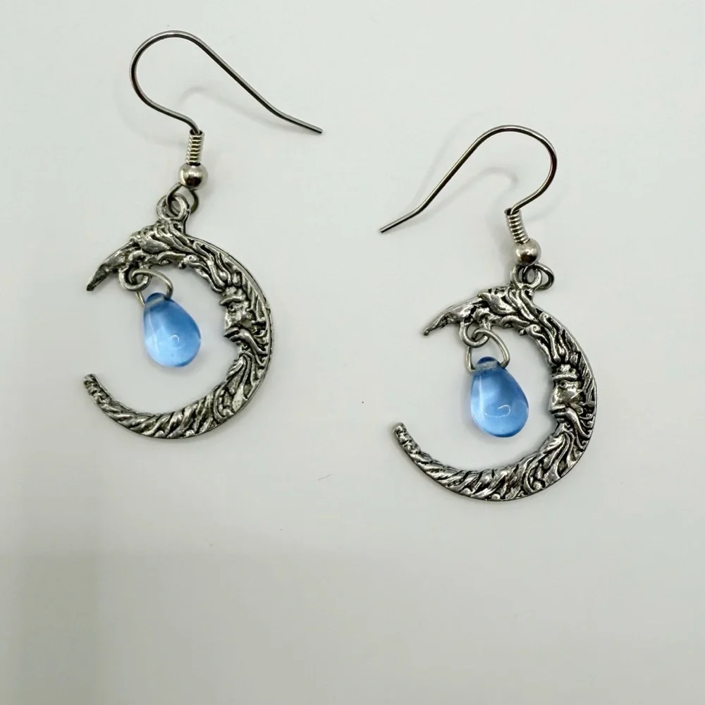 Man in the Moon Crescent Earrings with Blue Teardrop Bead